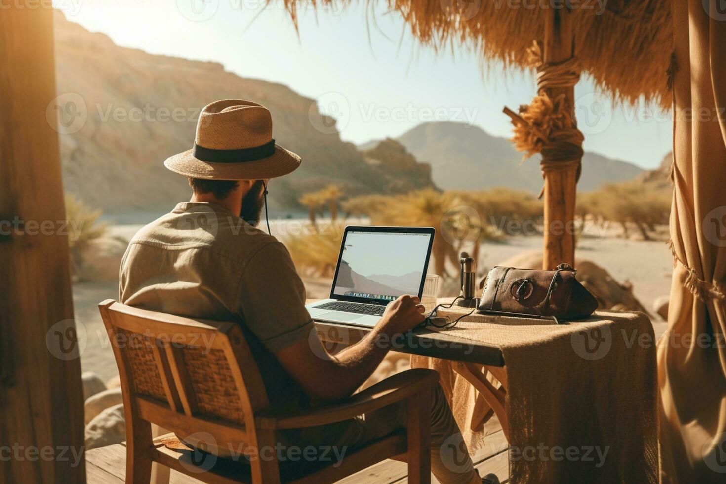 AI generated man working in front of laptop in beautiful place photo
