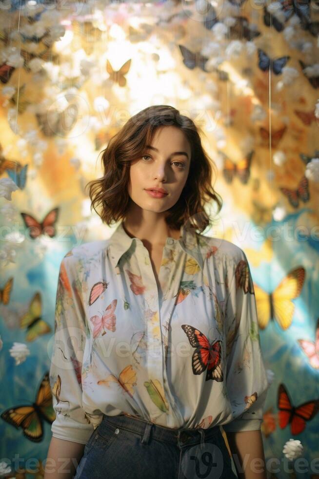 AI generated a woman standing in front of butterflies in a room photo