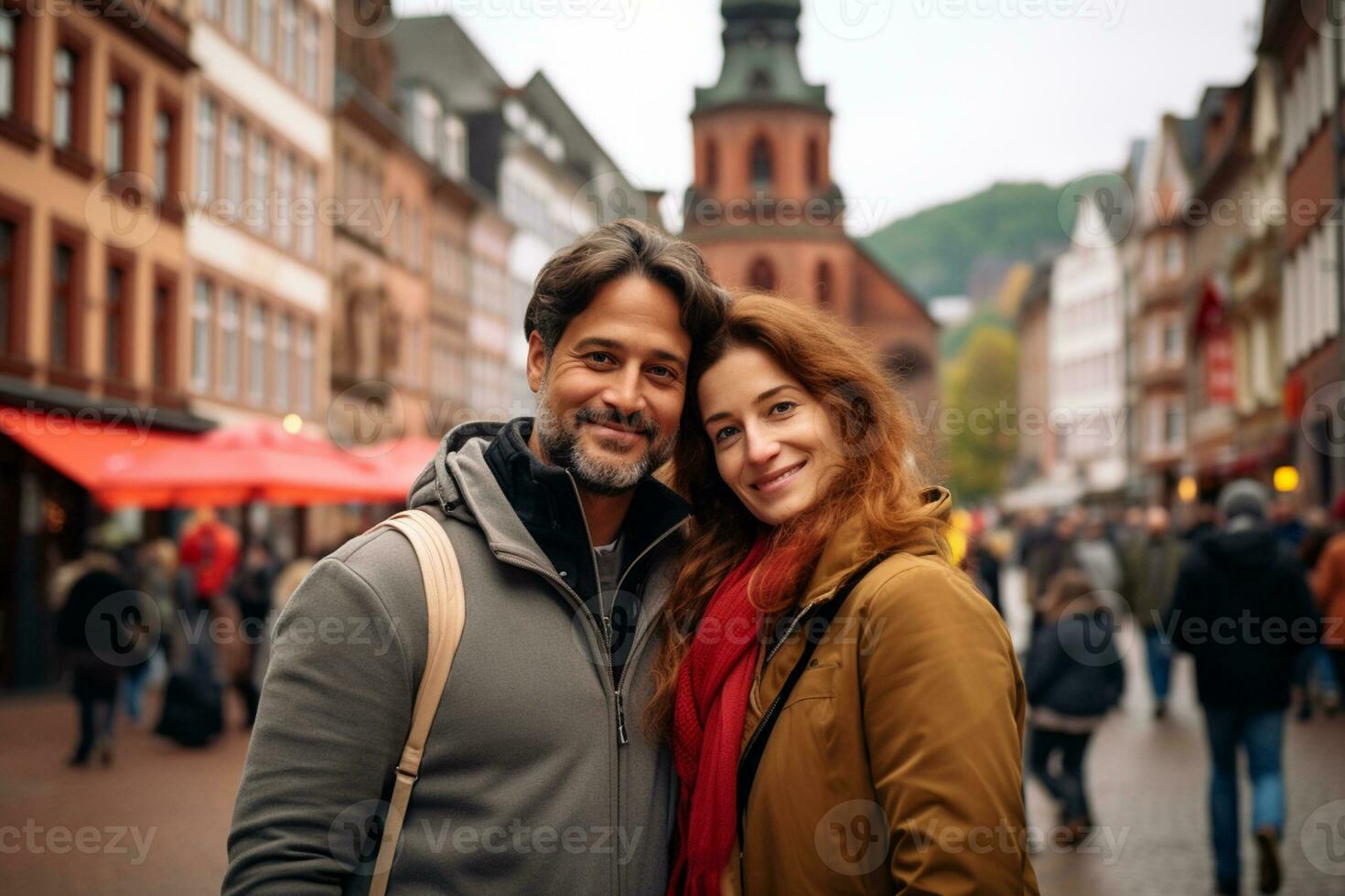 ai generado mayor turista Pareja sonriente en el calle mientras tomando un caminar en el ciudad centrar foto