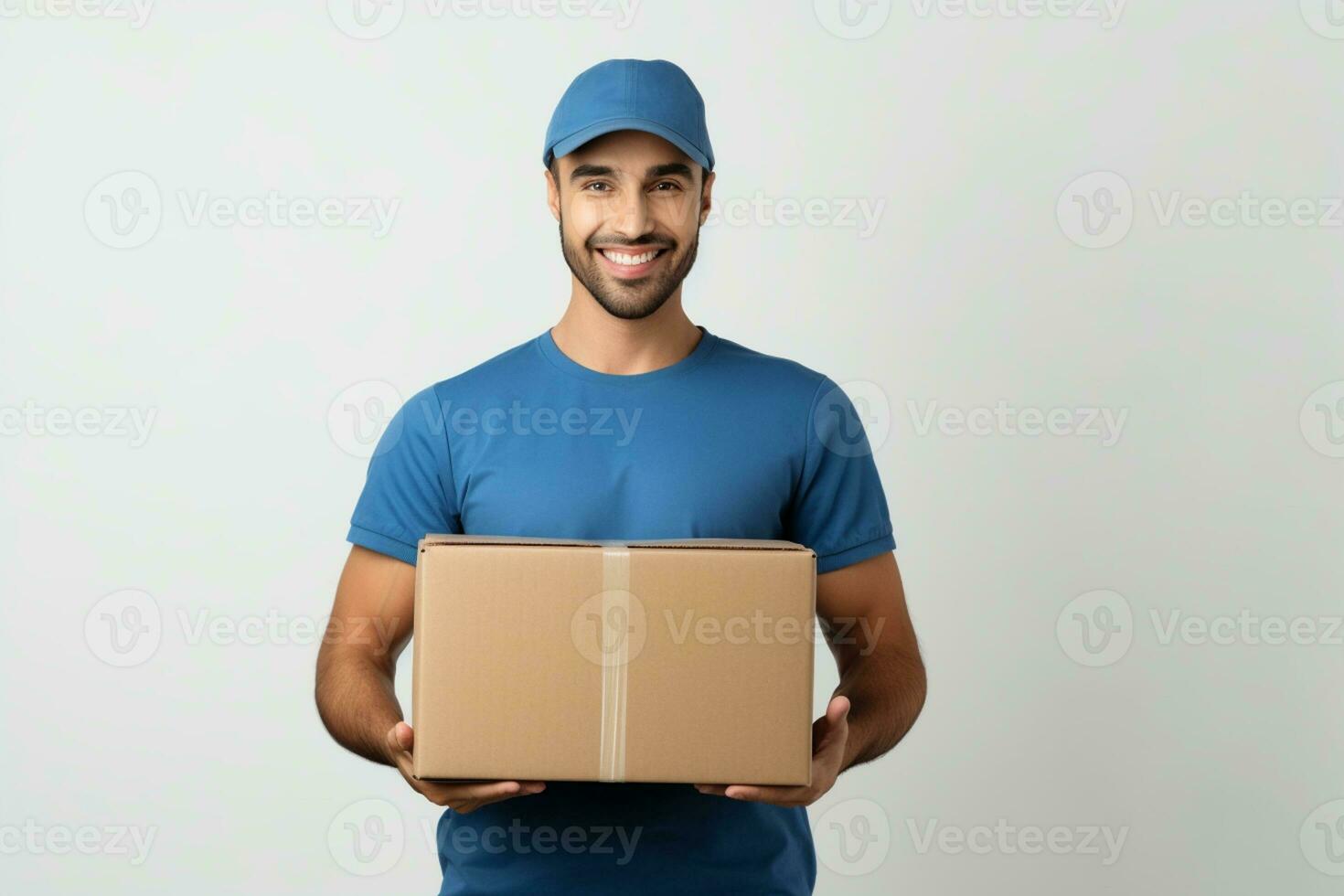 AI generated delivery man wearing blue shirt and cap holding cardboard box on a white background photo