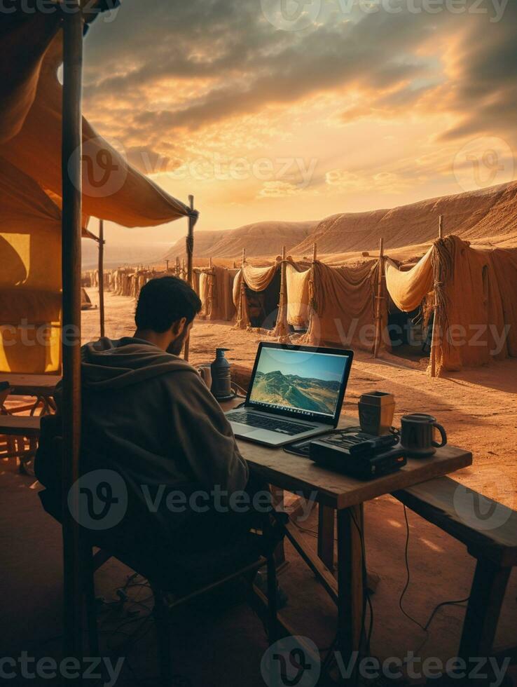 AI generated man working in front of laptop in beautiful place photo