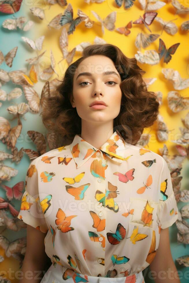 AI generated a woman standing in front of butterflies in a room photo