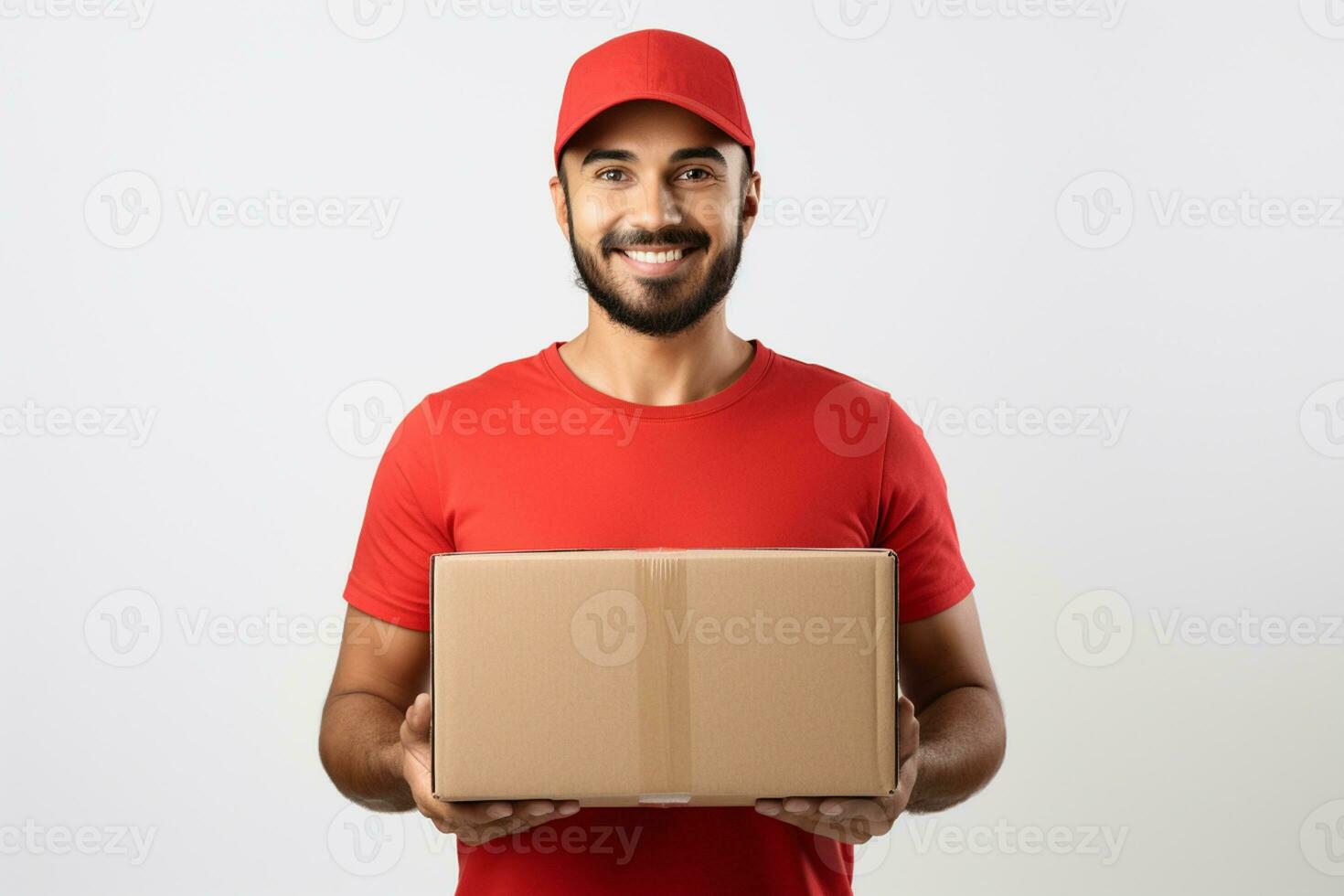 AI generated delivery man in red holding cardboard box isolated on a white background photo