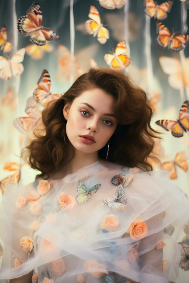 AI generated a woman standing in front of butterflies in a room photo