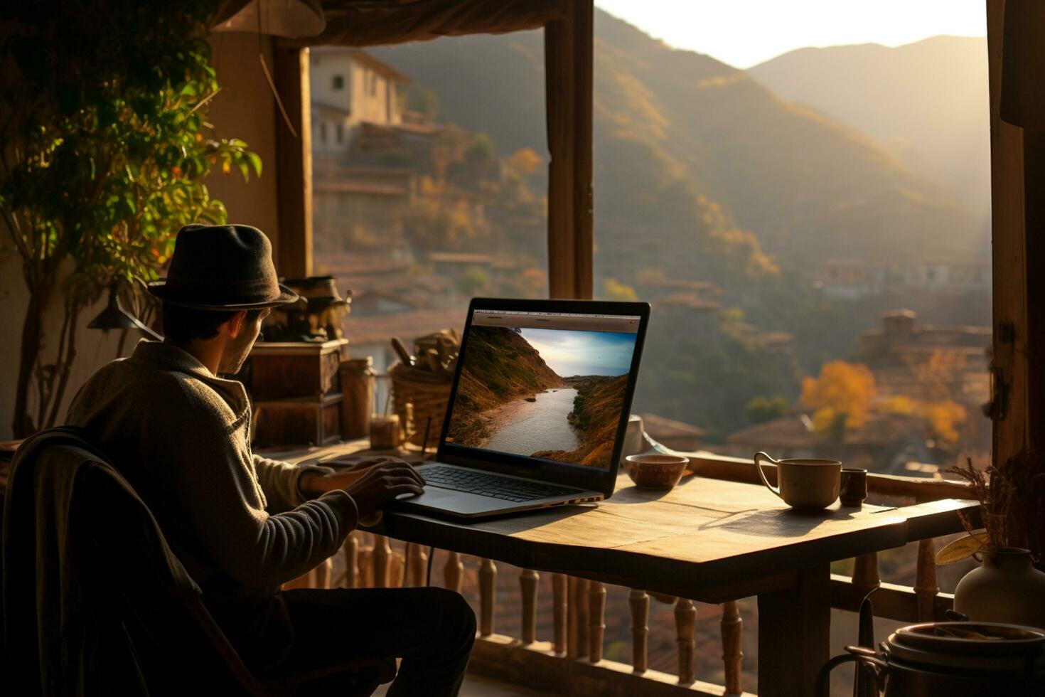 AI generated man working in front of laptop in beautiful place photo