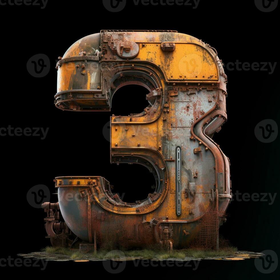 AI generated the number 3 is made of rusty metal on a black backround photo