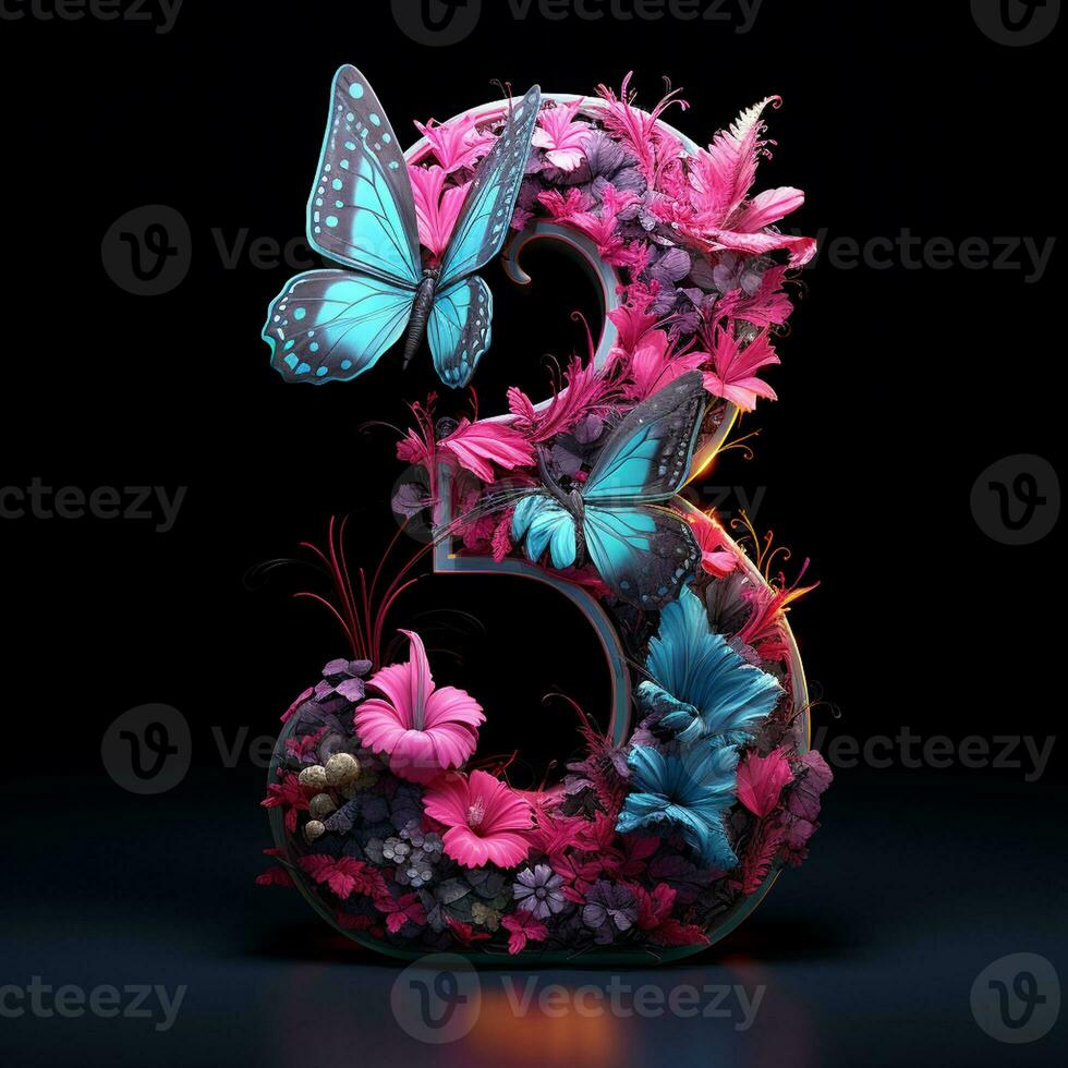 AI generated number 3 with butterflies and flowers on a black background photo