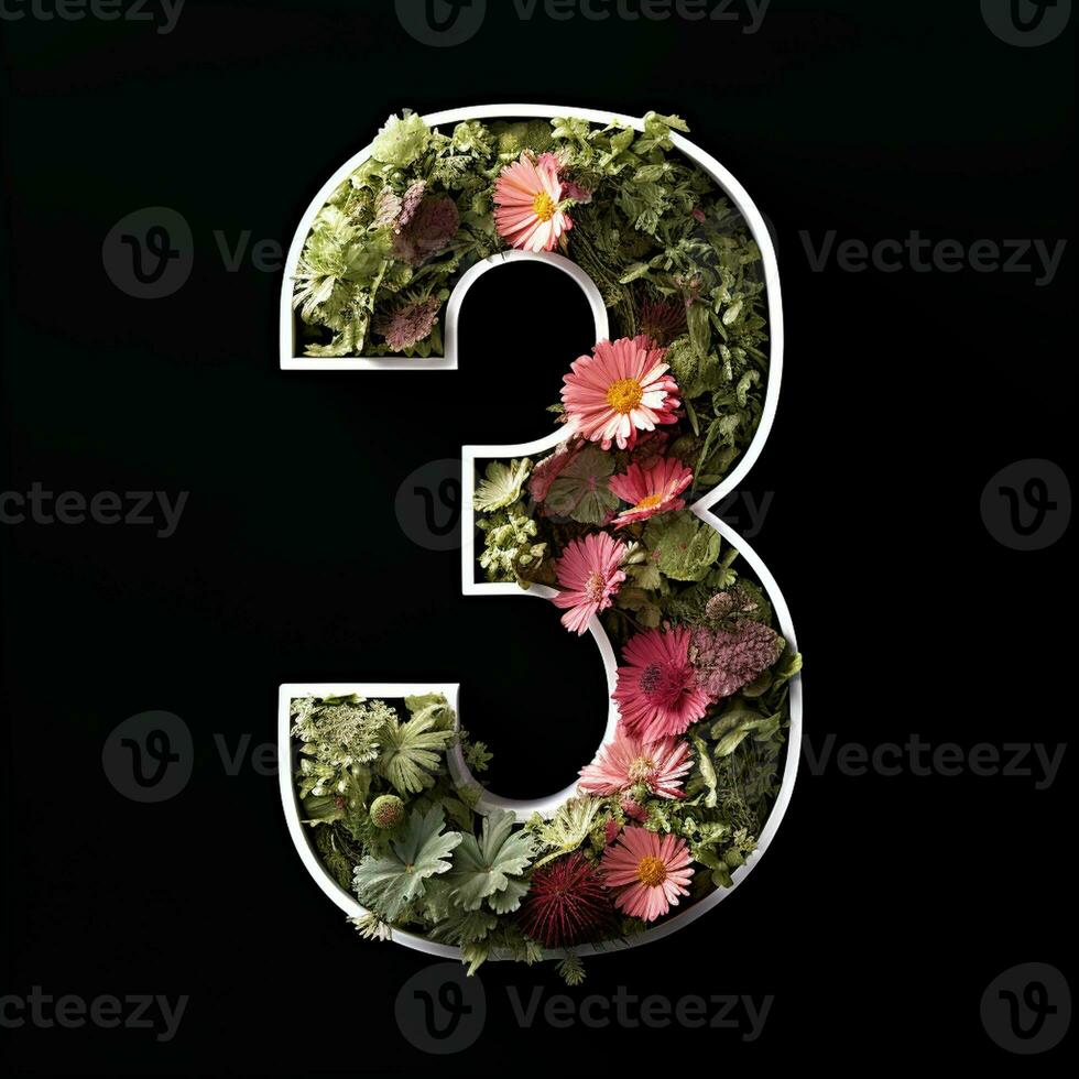 AI generated the number three is made of flowers and leaves on a black background photo