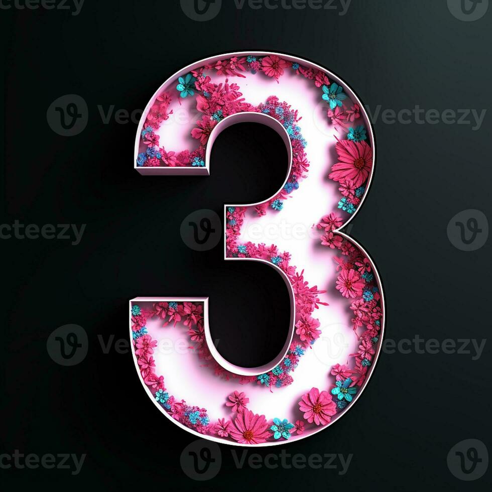 AI generated 3d floral number 3 isolated on a black background photo