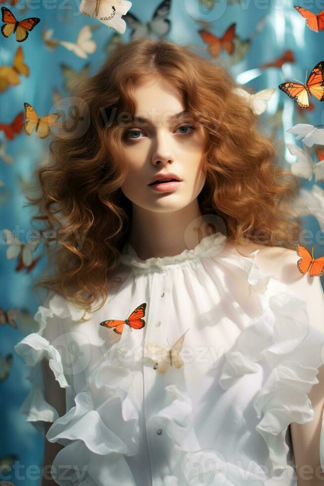 AI generated a woman standing in front of butterflies in a room photo