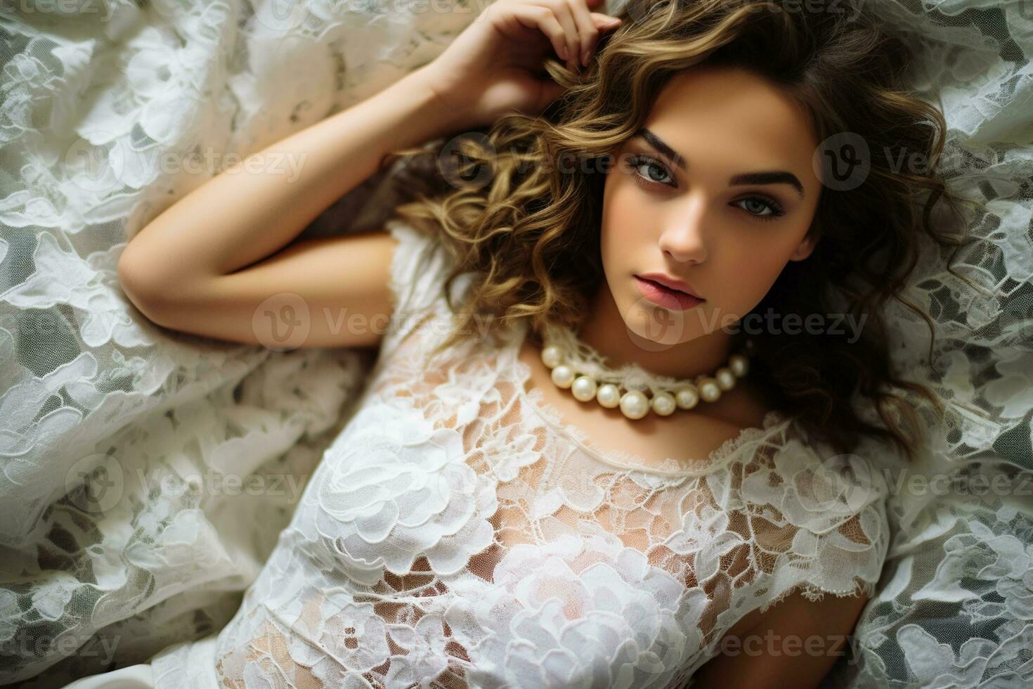 AI generated beautiful woman in white lace dress lying on the bed photo