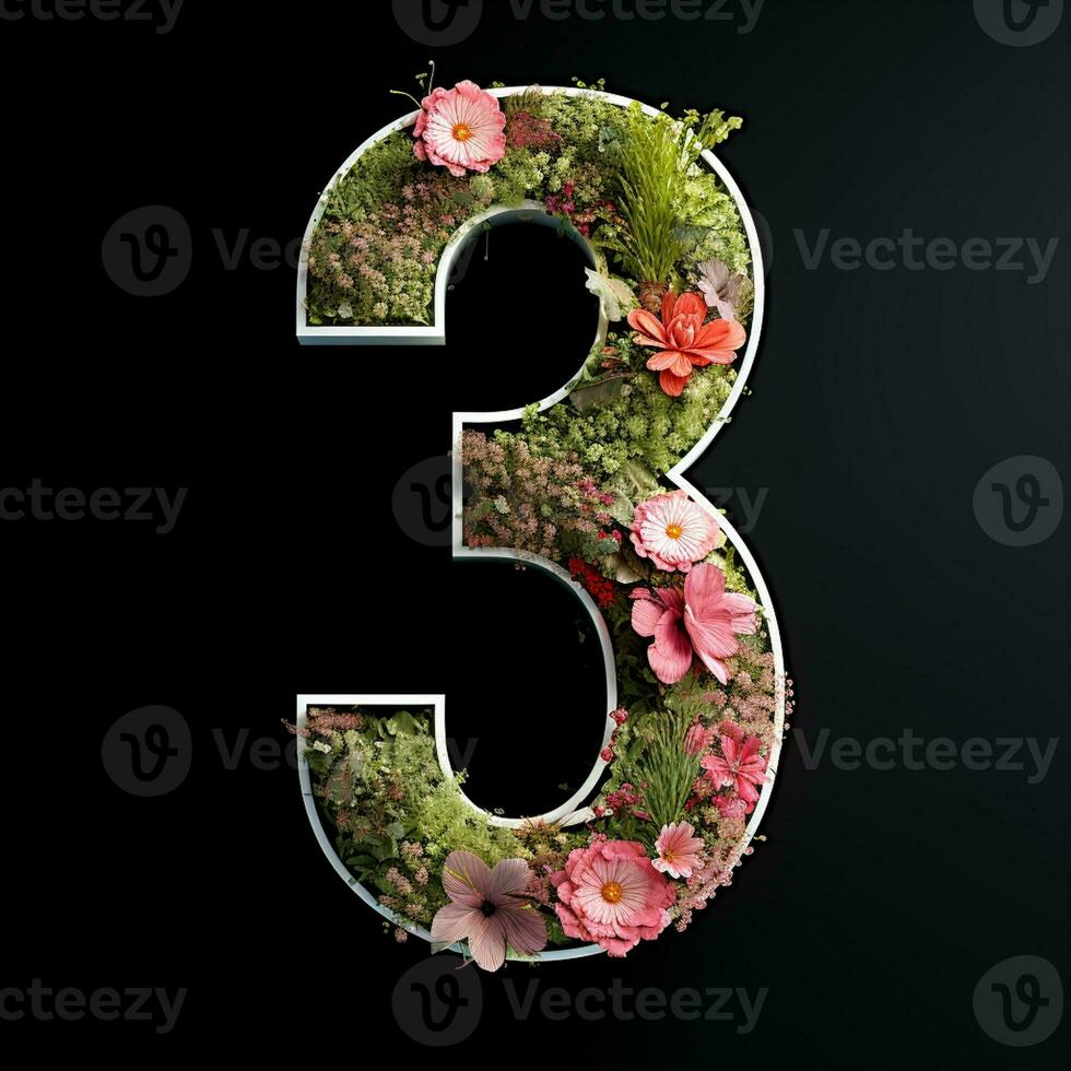AI generated the number three is made of flowers and leaves on a black background photo