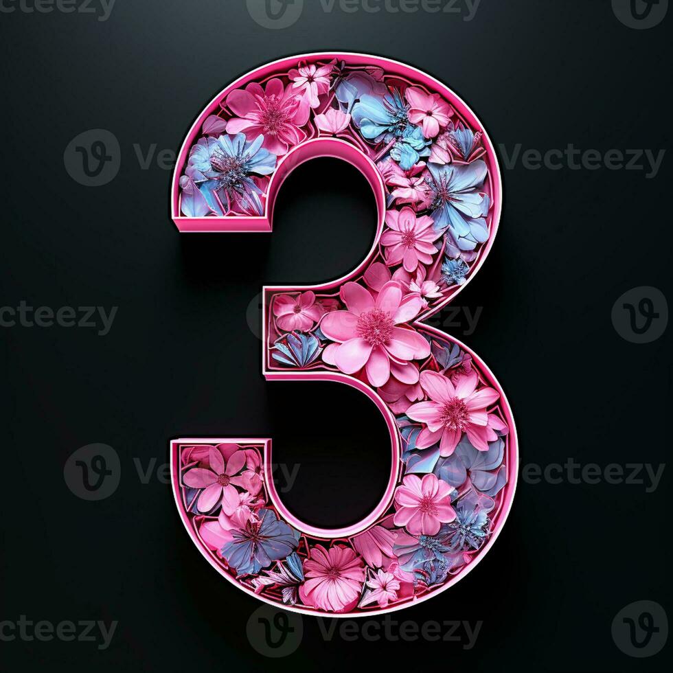 AI generated 3d floral number 3 isolated on a black background photo