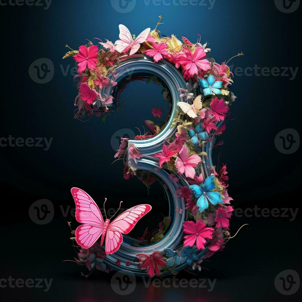 AI generated number 3 with butterflies and flowers on a black background photo