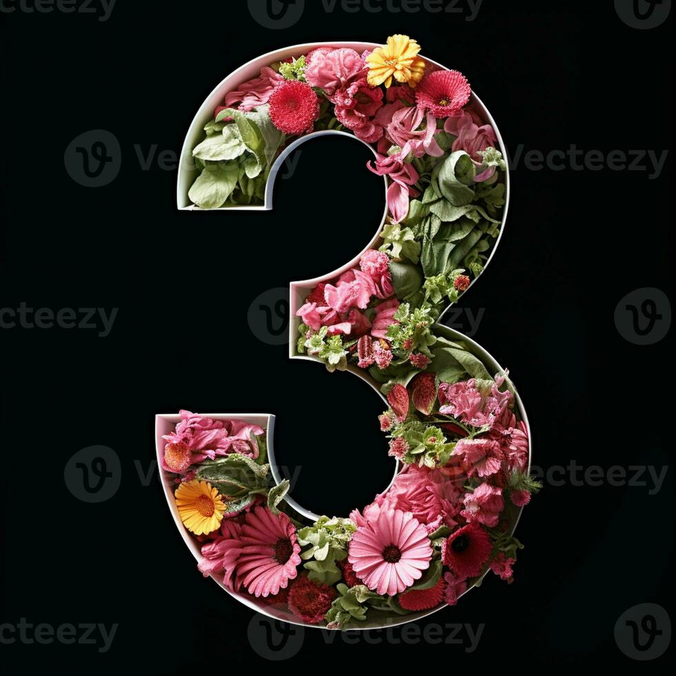 AI generated the number three is made of flowers and leaves on a black background photo