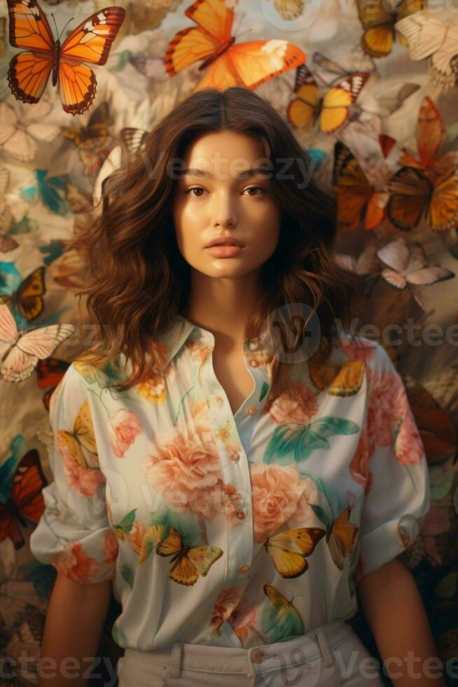 AI generated a woman standing in front of butterflies in a room photo