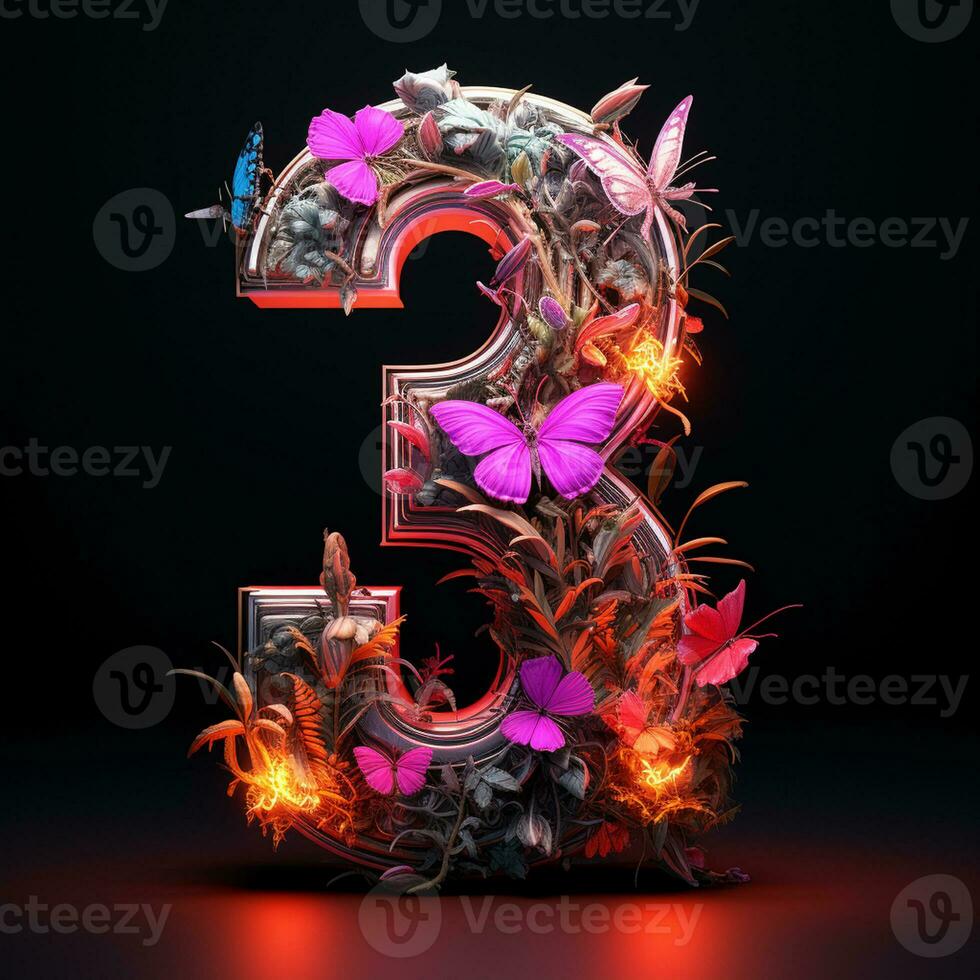 AI generated number 3 with butterflies and flowers on a black background photo