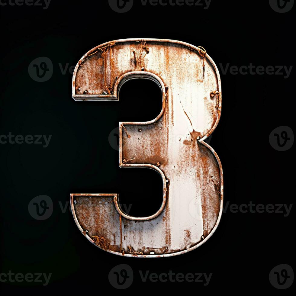 AI generated the number 3 is made of rusty metal on a black backround photo