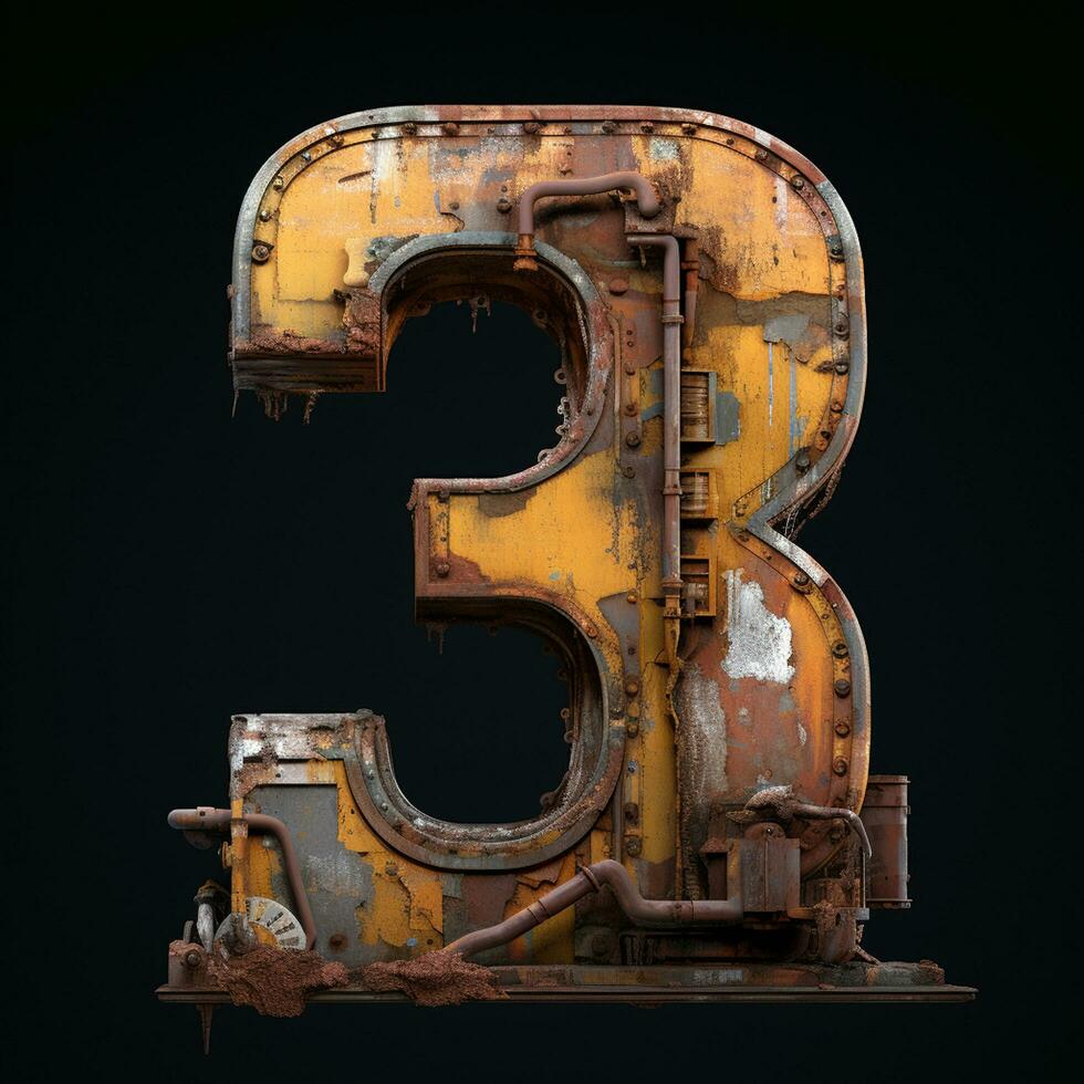 AI generated the number 3 is made of rusty metal on a black backround photo