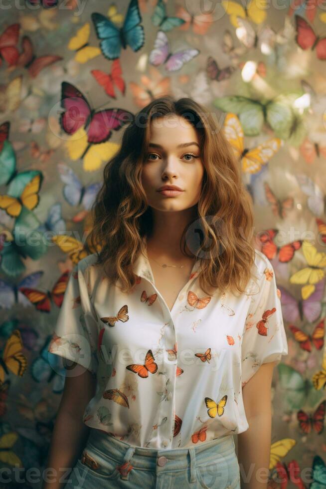 AI generated a woman standing in front of butterflies in a room photo