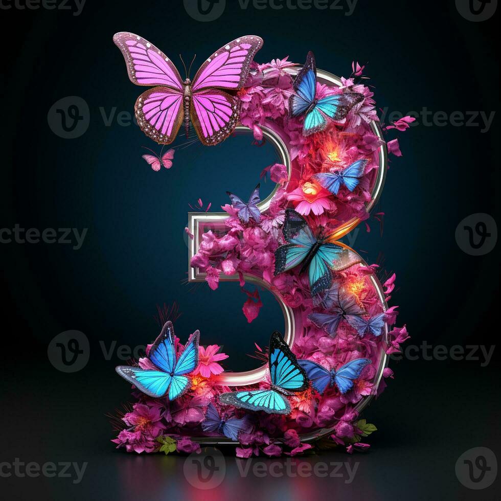 AI generated number 3 with butterflies and flowers on a black background photo