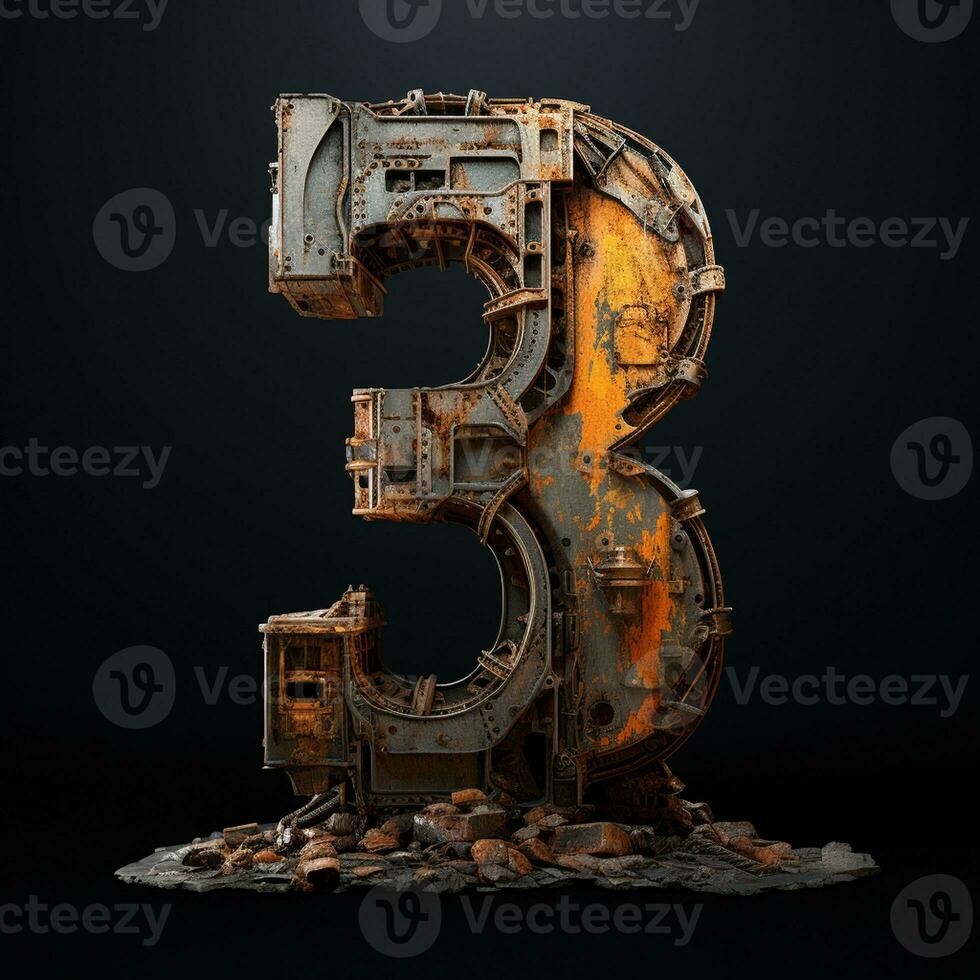 AI generated the number 3 is made of rusty metal on a black backround photo