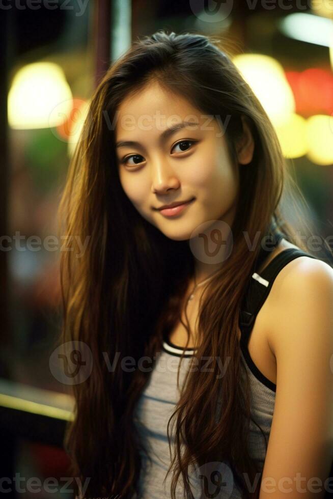 AI generated beautiful smiling young asian woman wearing tank top photo