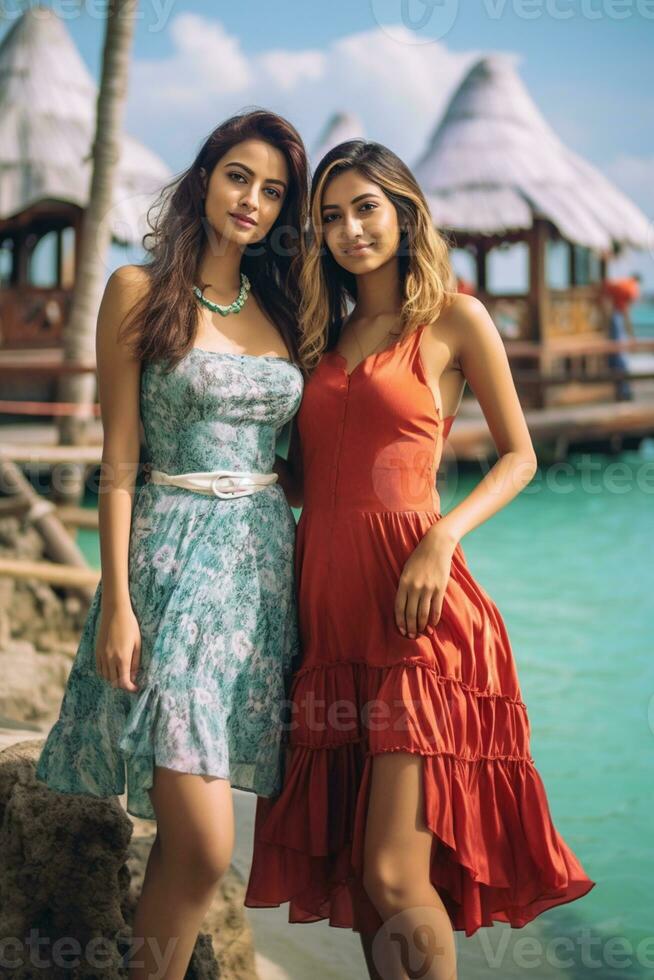 AI generated two indian women in dresses standing on the beach photo