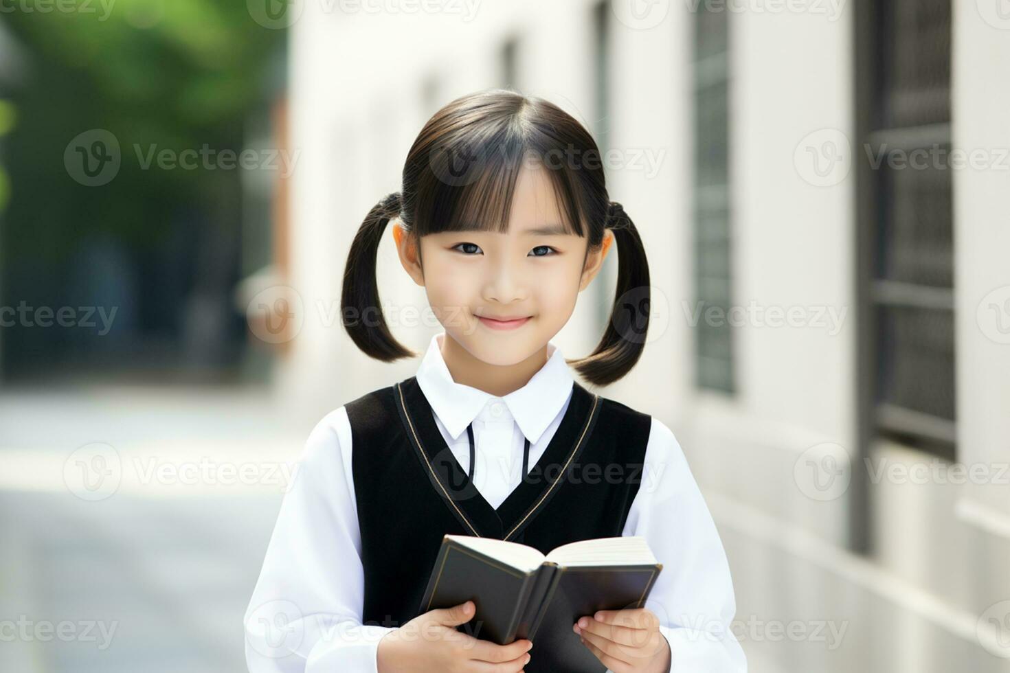 ai generado un pequeño niña en colegio uniforme participación un libro foto