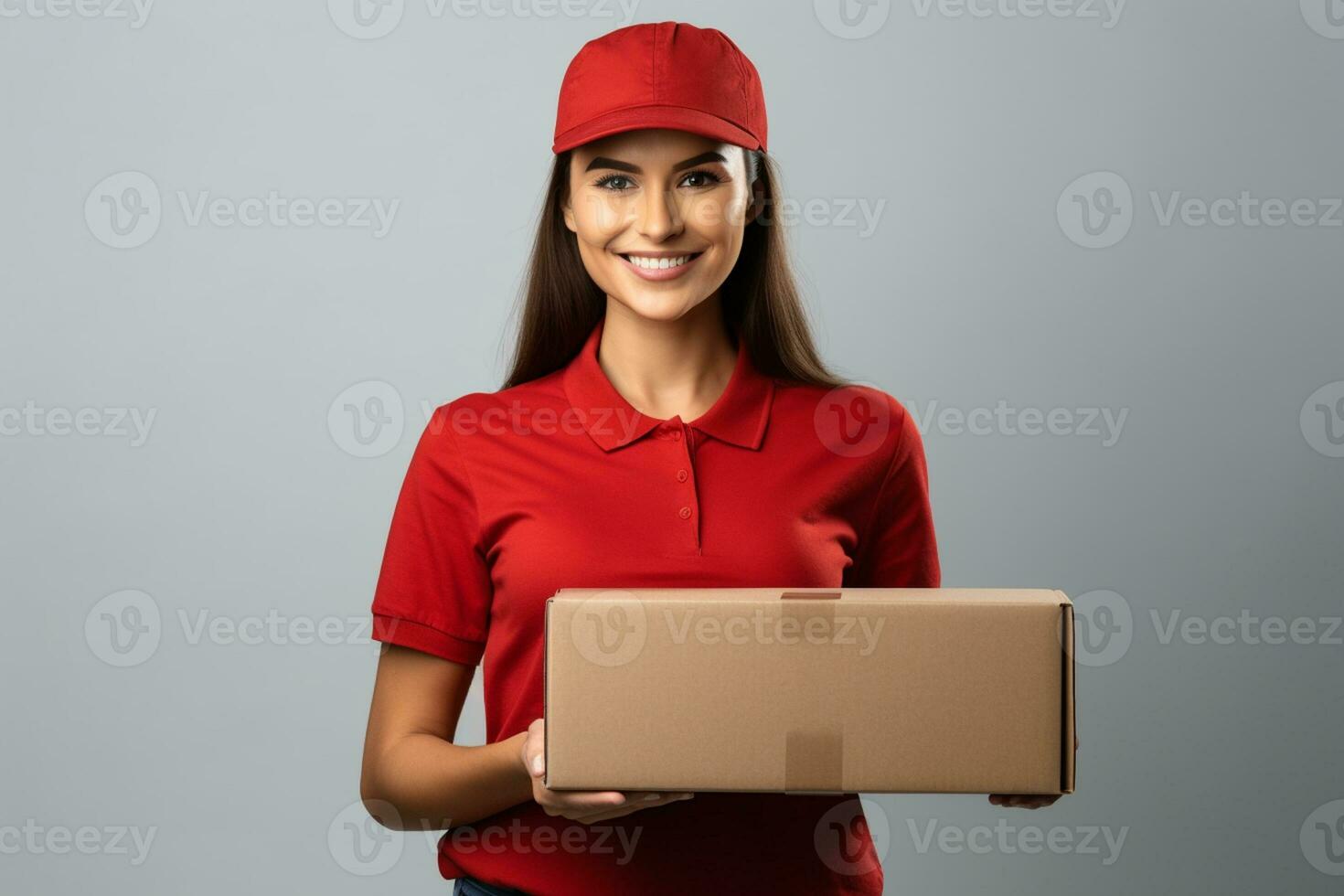 ai generado hermosa joven hembra mensajero en un rojo gorra y camiseta. el entrega niña es participación un cartulina caja foto