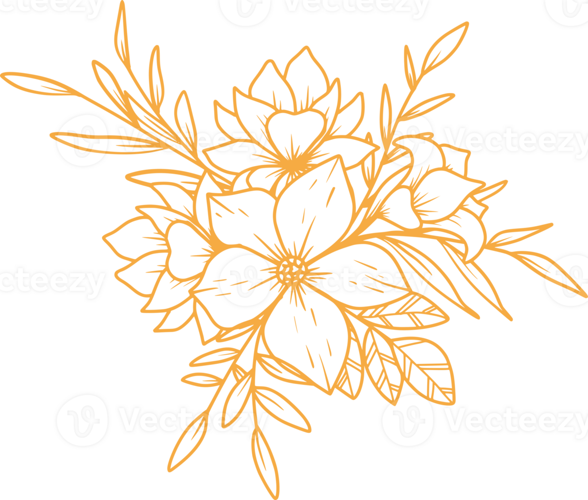Hand drawn floral arrangement outlines flowers and leaves bouquet png