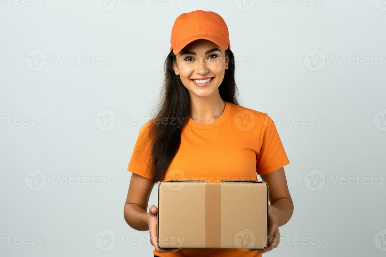 AI generated Beautiful woman in an orange shirt holding cardboard box, delivery service photo