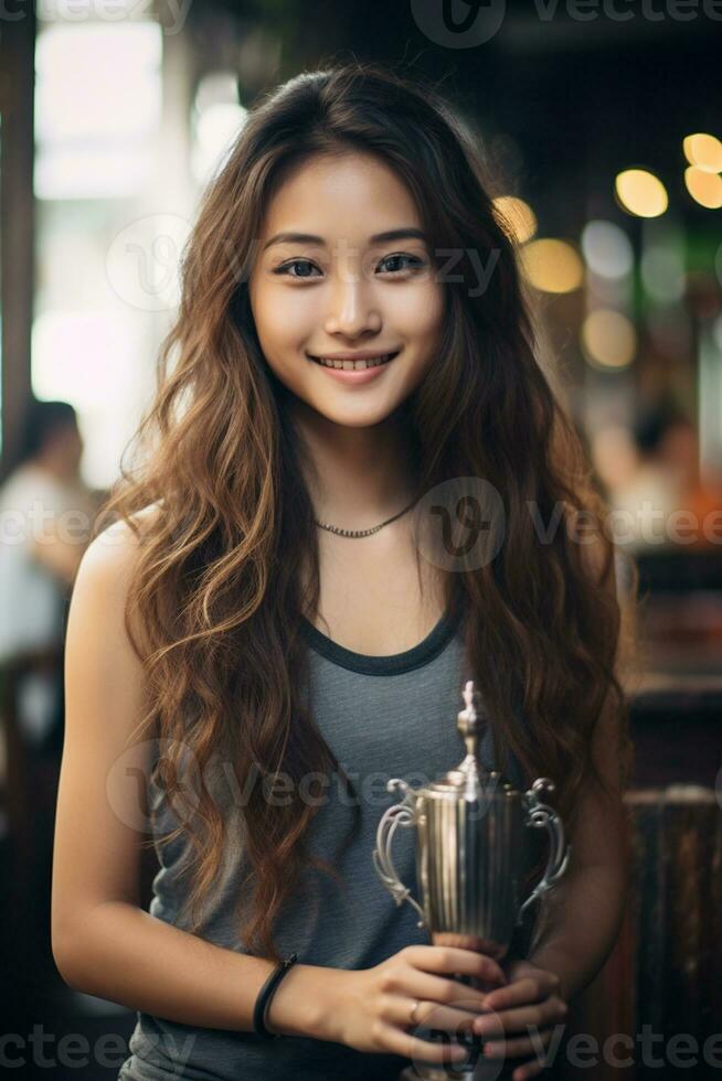 AI generated beautiful smiling young asian woman wearing tank top photo