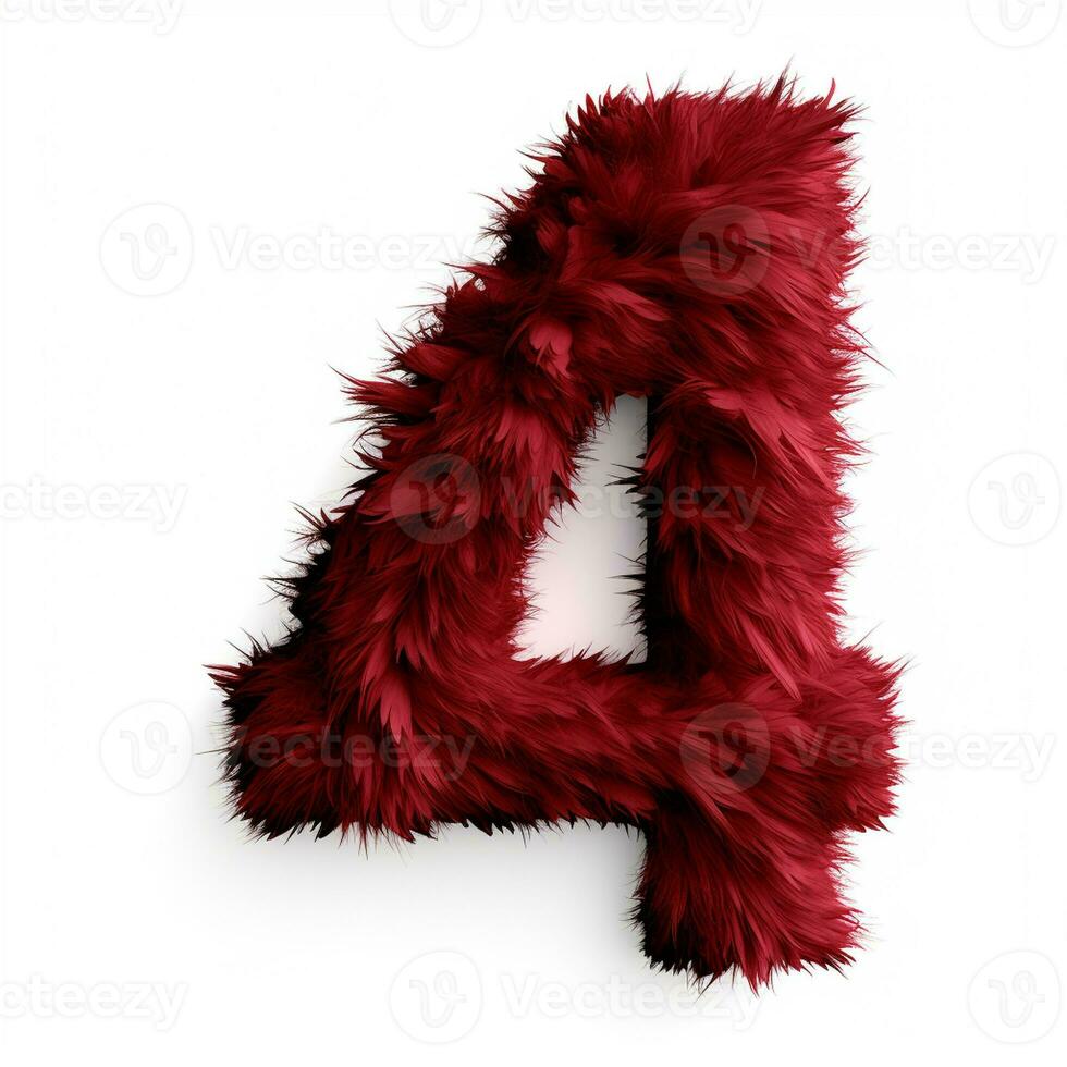 AI generated the number four is made of red fur. 3D rendering isolated on white background photo