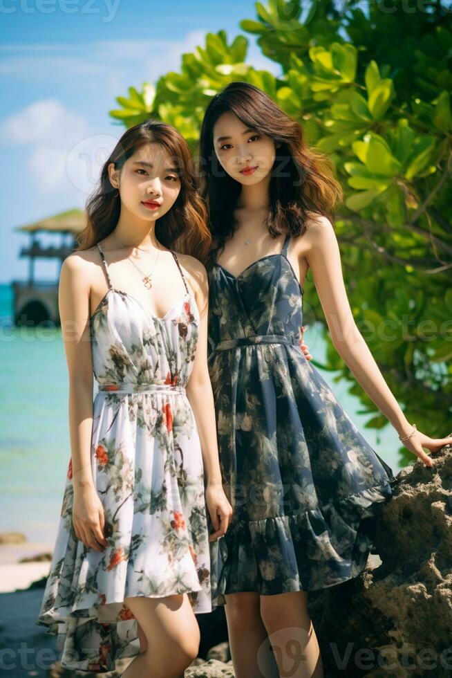 AI generated two chinese women in floral dresses standing on the beach photo