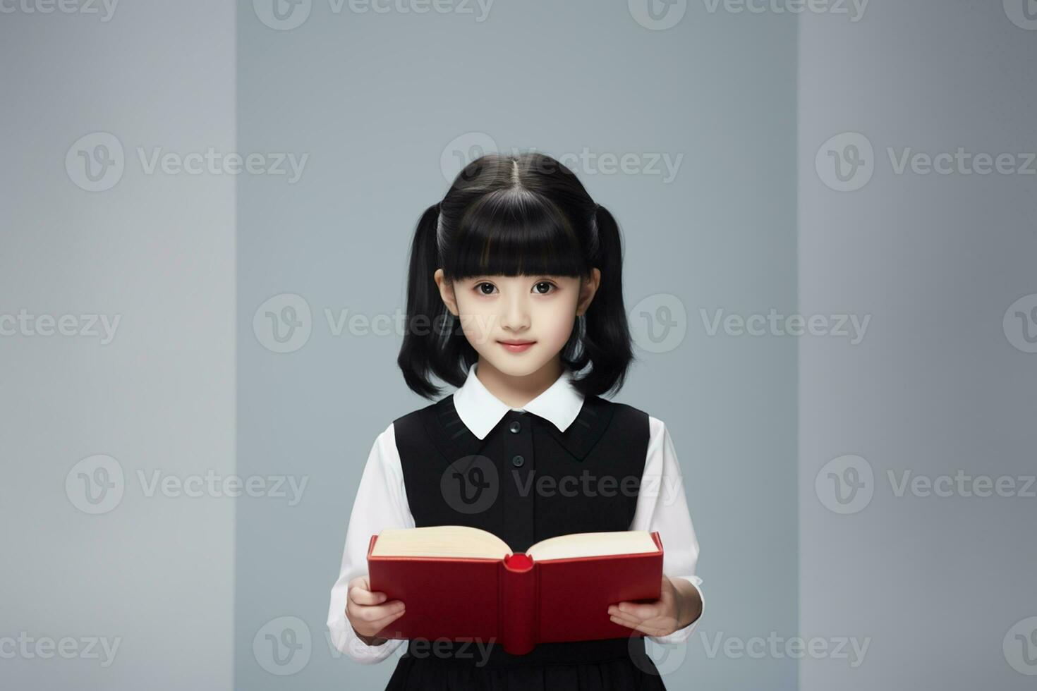 ai generado un pequeño niña en colegio uniforme participación un libro foto