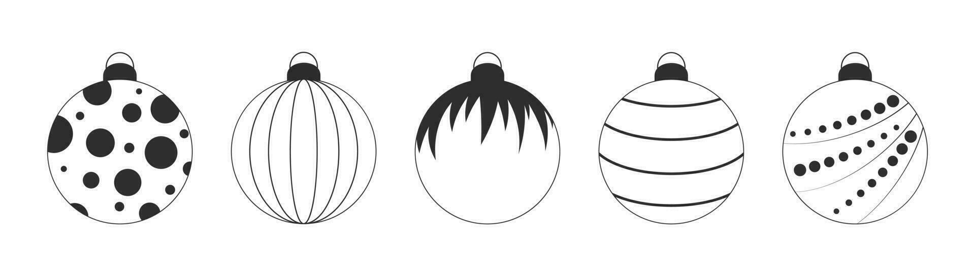 Set of black and white Christmas balls. New year decoration. Vector elements for design of card, scrapbooking, banner, sale. Coloring page for kids.