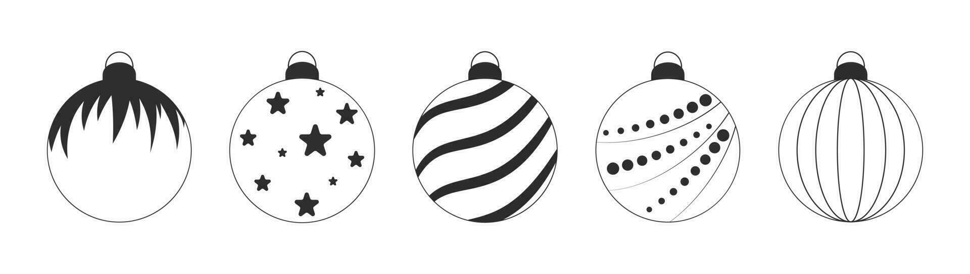 Black and white Christmas balls. Coloring page for kids. Decorative elements for greeting card, poster, banner, advertising, scrapbooking. Vector illustration.