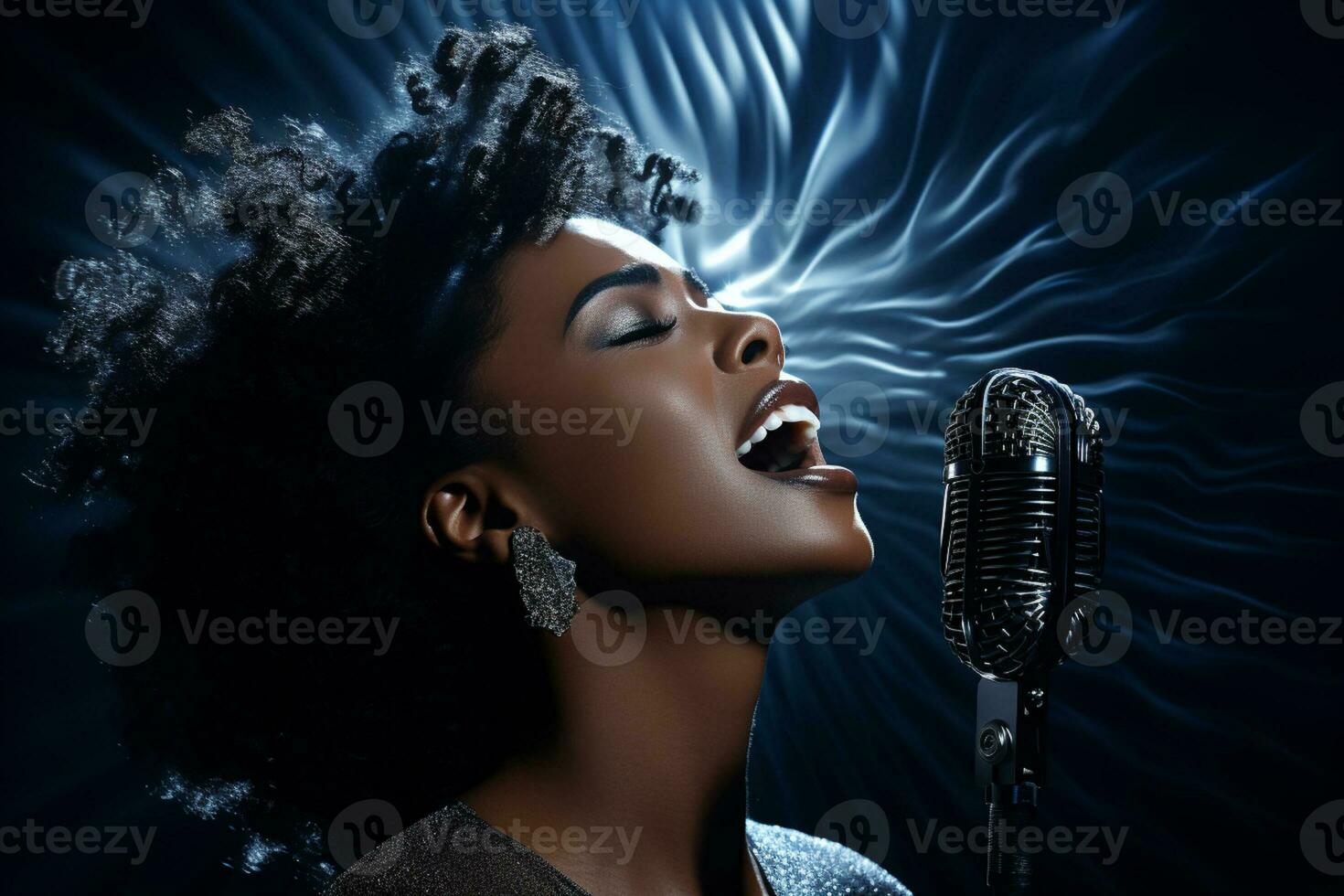 black female singer singing with microphone in front of dark background bokeh style background photo
