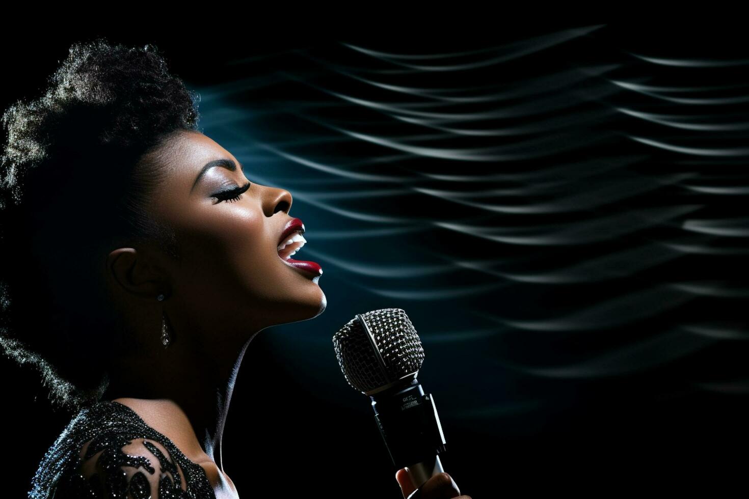 AI generated black female singer singing with microphone in front of dark background bokeh style background photo