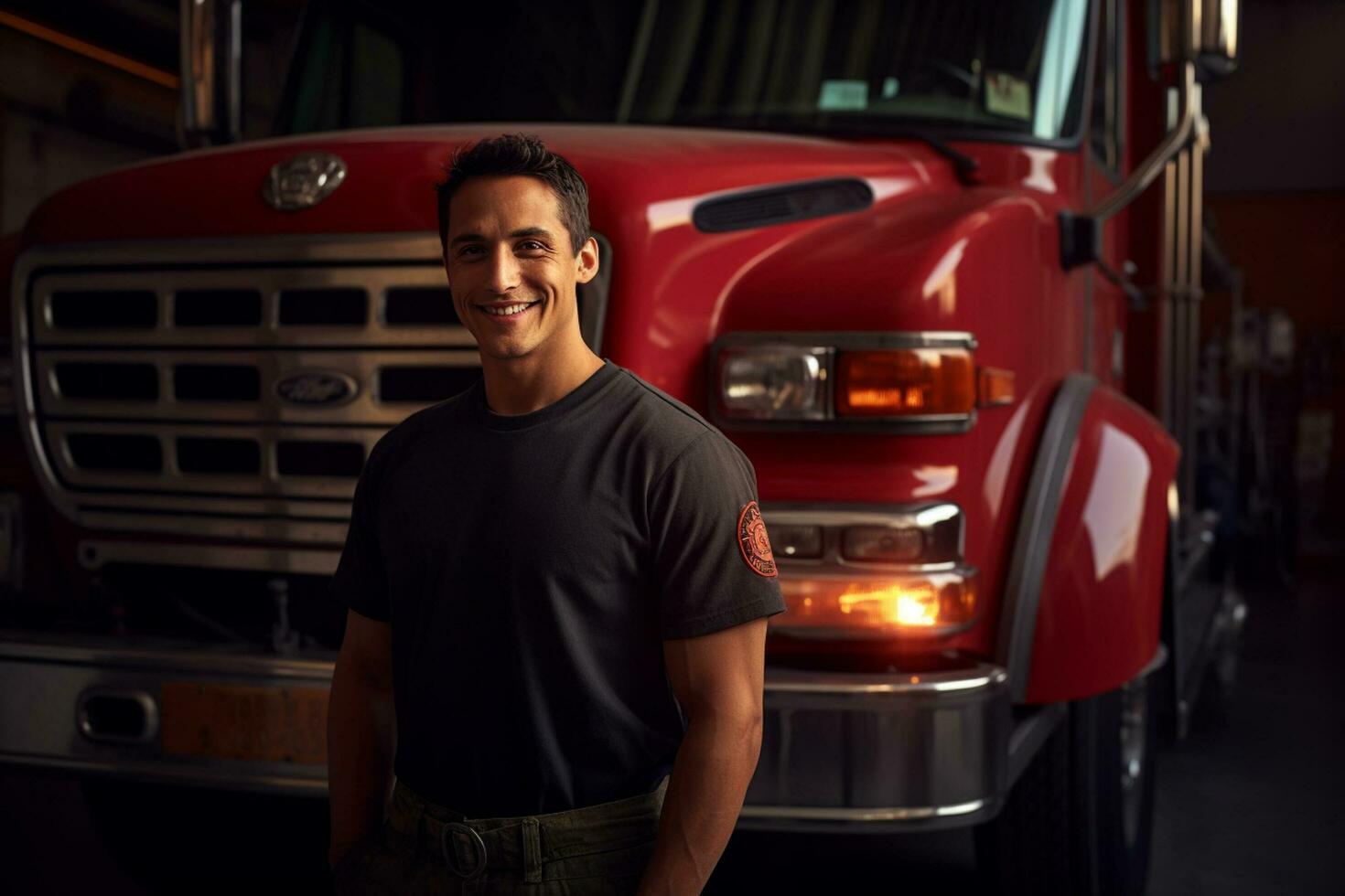 portrait of male firefighter smiling in front of fire truck bokeh style background photo