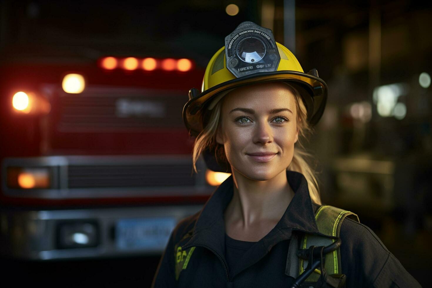 ai generado retrato de hembra bombero sonriente en frente de fuego camión bokeh estilo antecedentes foto