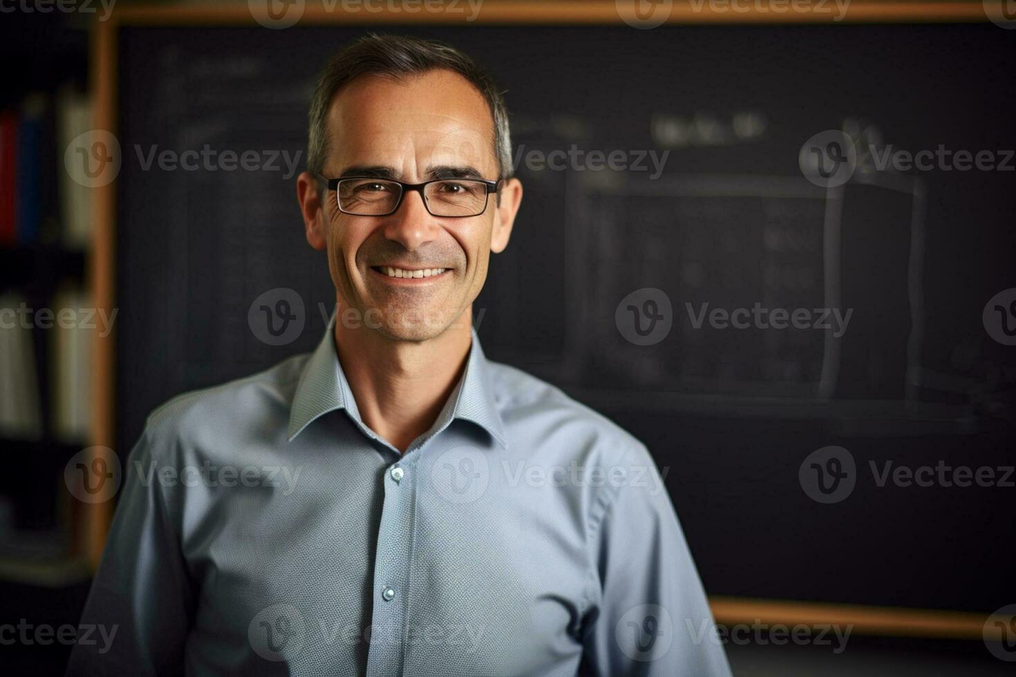 AI generated portrait of male teacher smiling in classroom bokeh style background photo