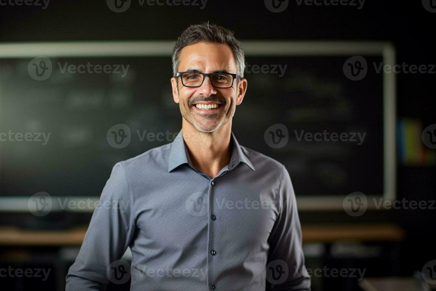 AI generated portrait of female teacher smiling in classroom bokeh style background photo