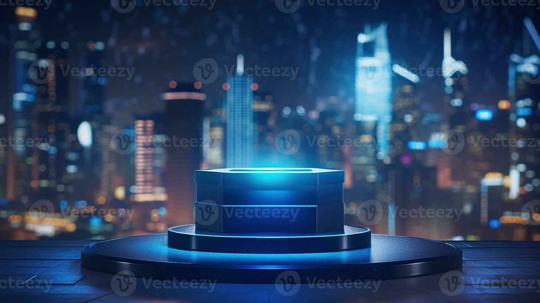 AI generated Podium for A New Product with Blurred Lights of the Night City as A Background photo