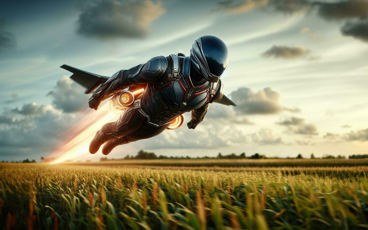 AI generated A person wearing a jet suit flies above the ground In the rural rice fields personal aviation technology photo