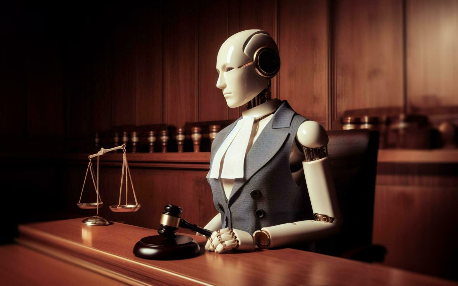 ai generado ai robot juez decide casos moderno judicial sistema juez con automatización desde androide foto