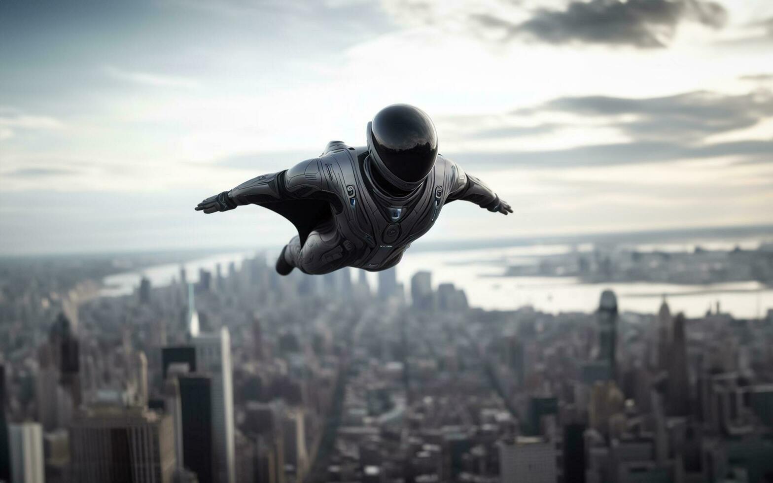 AI generated A person wearing a jet suit flies over the sky in New York City America Personal aviation technology photo