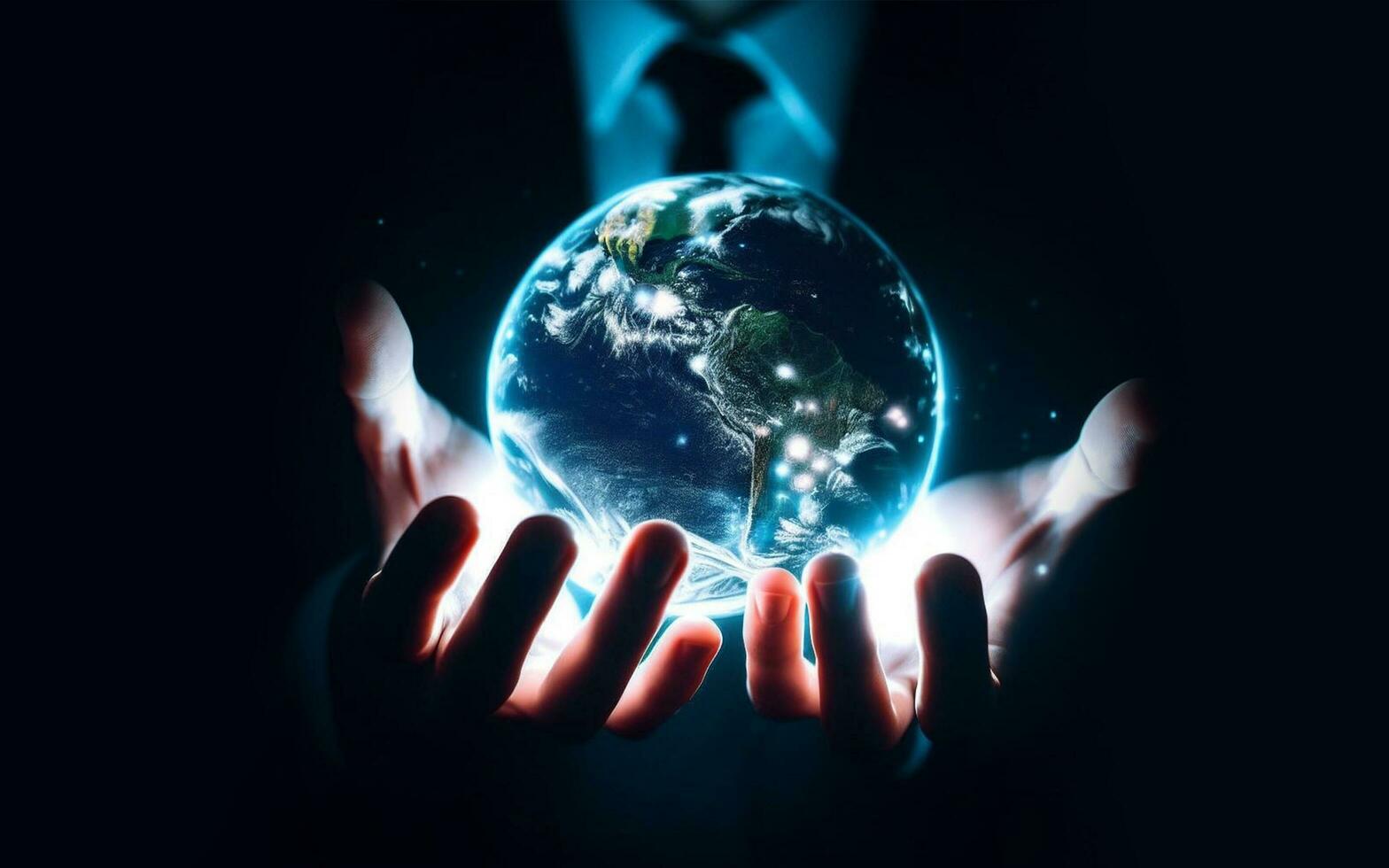 AI generated Two hands extended forward In my hand there is a small world Concept of protecting the earth saving the world photo