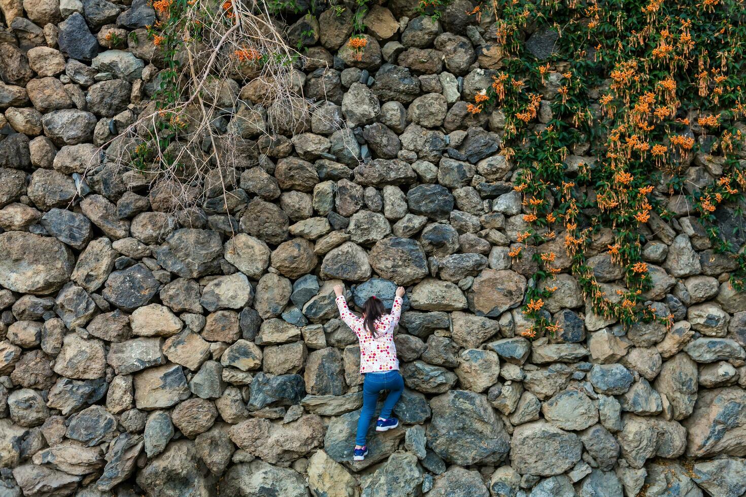 A young girl climbs over the rocks on top of a hill photo